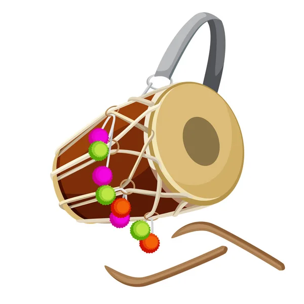 Instrumento de percusión de tambor doble cabeza dhol y palos de madera vector — Vector de stock