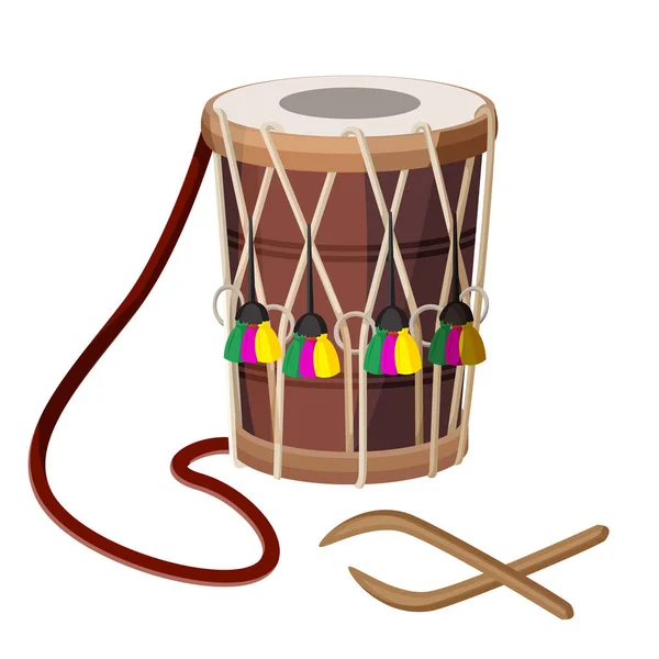Instrumento de percussão de tambor Dhol de duas cabeças e varas de madeira vetor —  Vetores de Stock