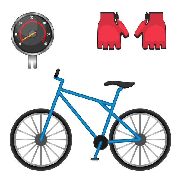 Fietsen snelheidsmeter, beschermende lederen handschoenen, vector moderne fiets iconen illustratie — Stockvector