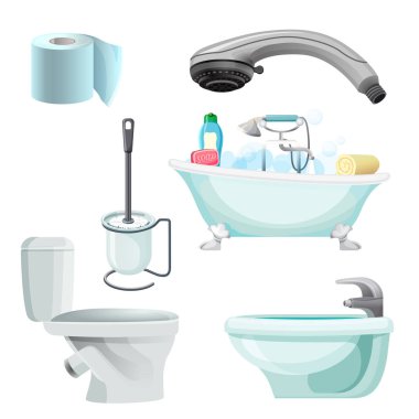 Banyo ekipmanları gerçekçi vektör çizim kümesi. Bide, tuvalet, banyo