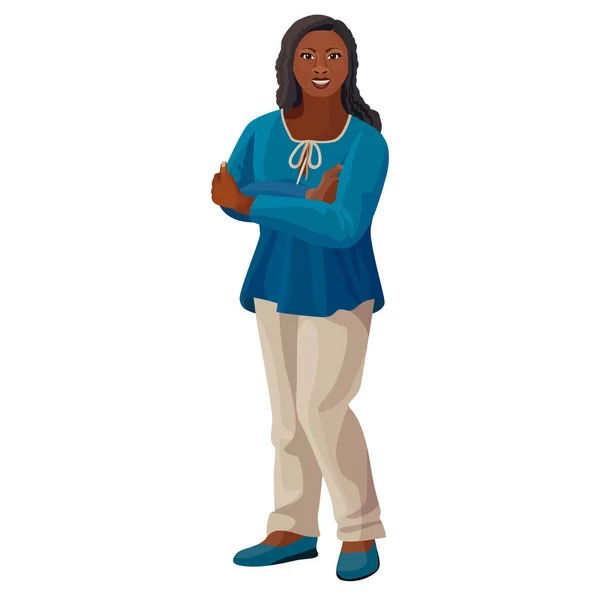 Hermosa mujer afroamericana en blusa azul y pantalón blanco — Vector de stock