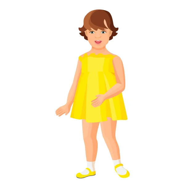年轻的幼儿园女孩穿着黄色连衣裙上白色孤立 — 图库矢量图片