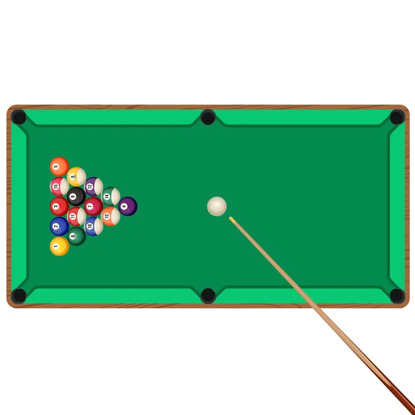 Table de billard vert avec queue et boules en position de départ — Image vectorielle