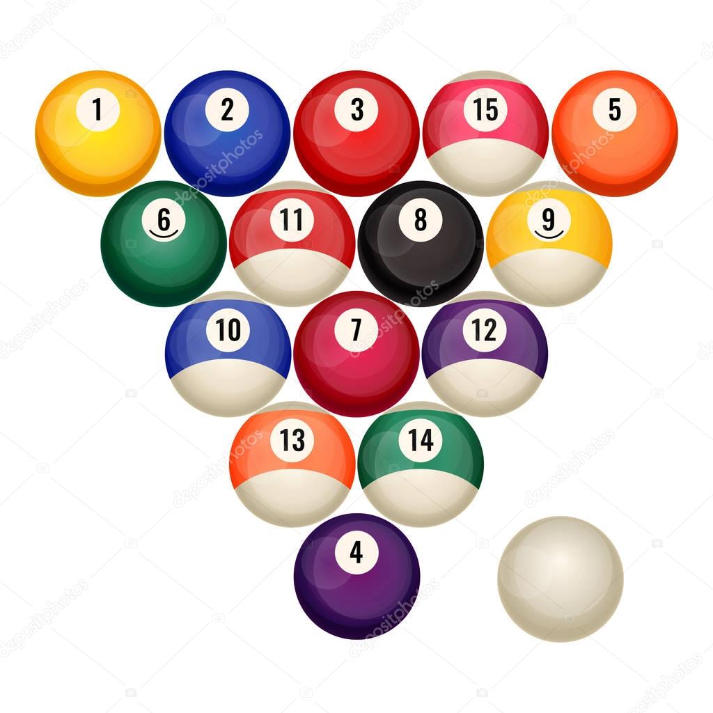 Pool billiard balls in starting position vector illustration isolated on white.