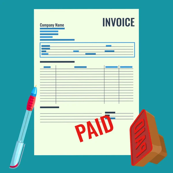 Invoice vector bill with red paid stamp close-up realistic illustration. — Stock Vector