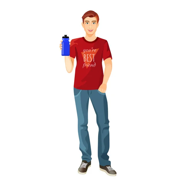 Man in t-shirt en jeans met kunststof kolf van water — Stockvector