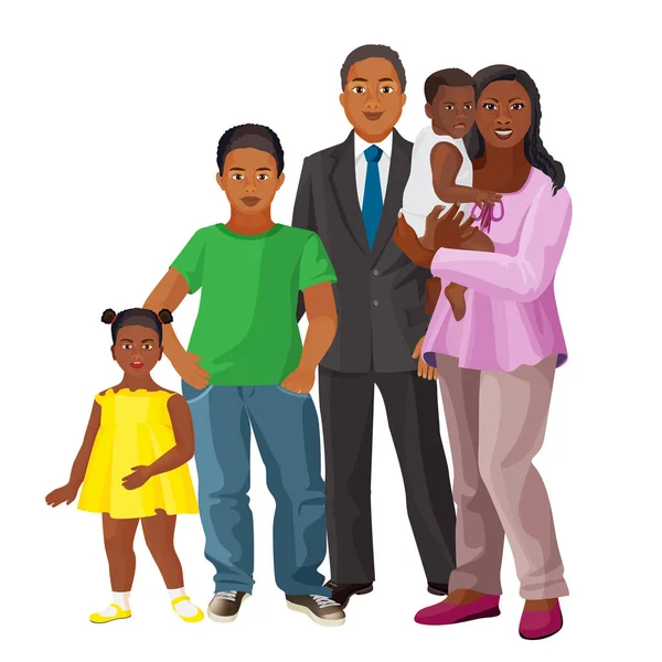 Familia afro-americană fericită de părinți și trei copii — Vector de stoc