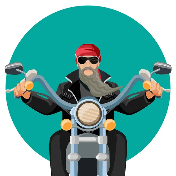 Biker wearing leather clothes with grey long beard riding motorcycle — Stock Vector