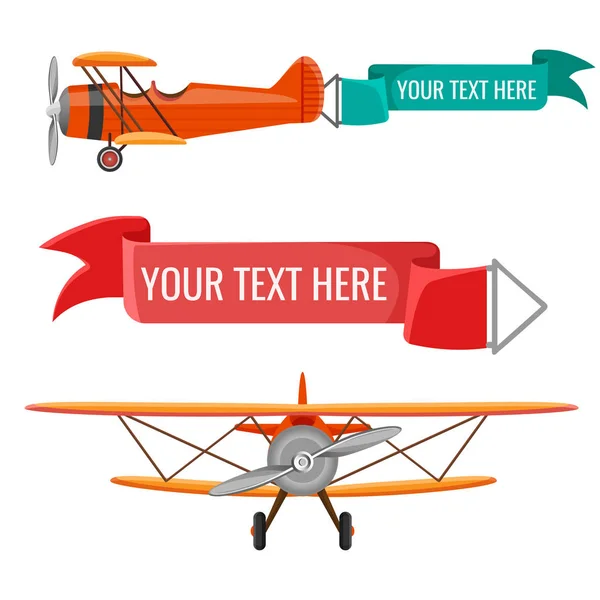 Two biplanes with advertising posters vector air means of transportation — Stock Vector