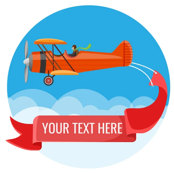 Biplane with pilot and big long poster for inscriptions — Stock Vector