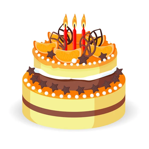 Doğum günü pastası ile taze kırmızı meyveler, çilek ve carambola vektör — Stok Vektör
