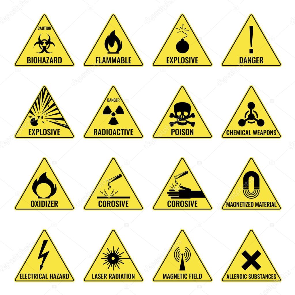 Hazard warning triangual yellow icon set on white