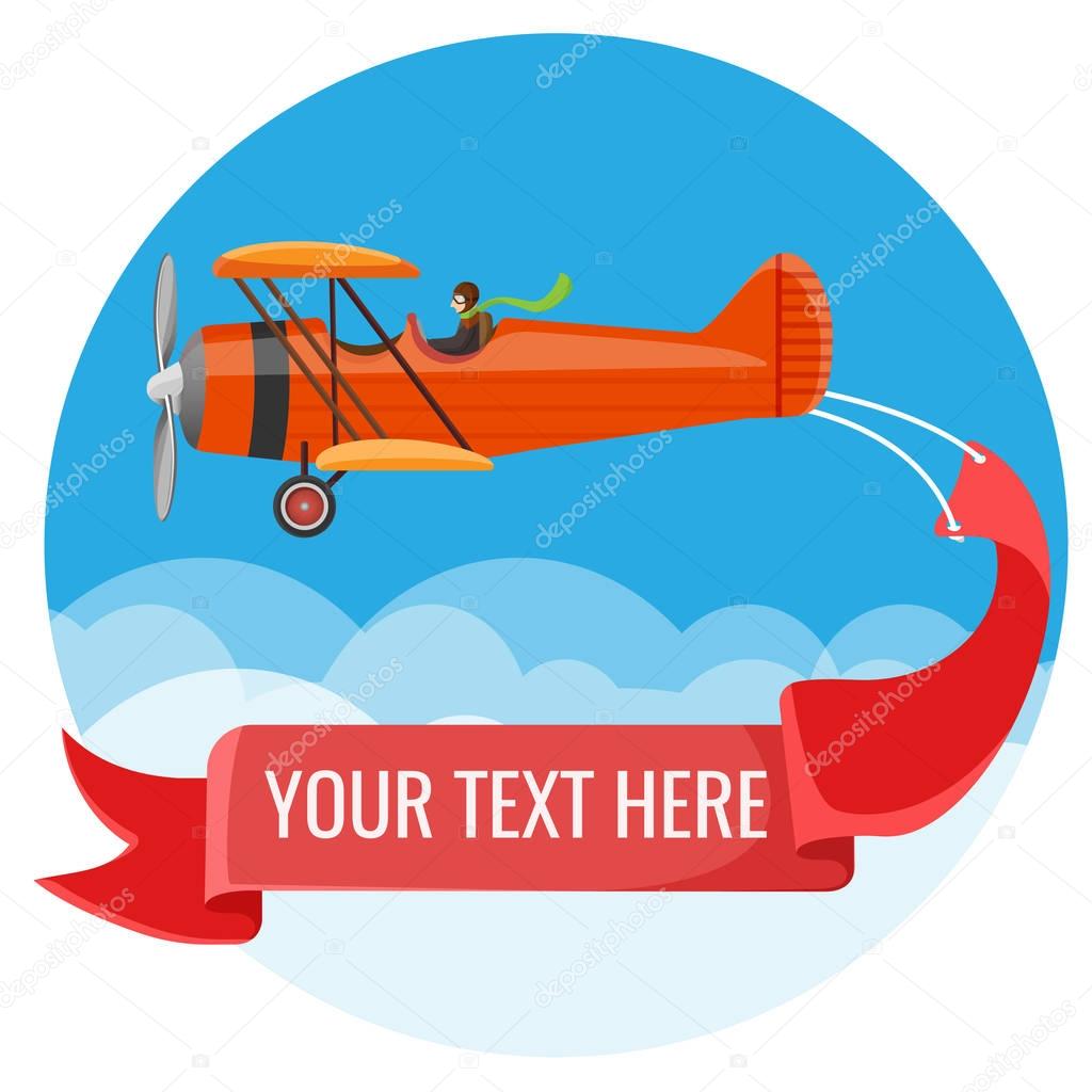 Biplane with pilot and big long poster for inscriptions