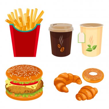 Bistro gıda ve içecek izole üzerinde beyaz ayarlayın. Sağlıksız yemek