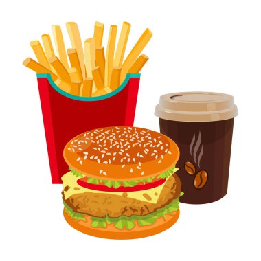 Hamburger, patates kızartması kırmızı paket ve kahve