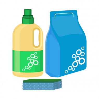 Bleach bottle with sponge, package of washing powder, detergent vector clipart