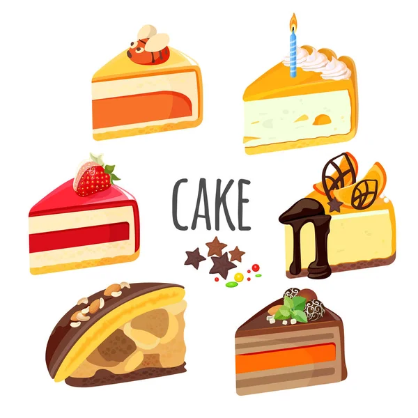 Set de piezas de pastel con frutas, chocolate blanco y negro — Archivo Imágenes Vectoriales