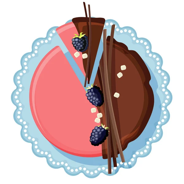 Торт на день рождения с шоколадом и клубничным кремом, украшенный шелковицей — стоковый вектор