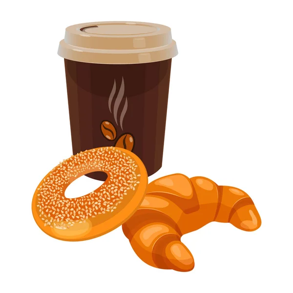 Свіжий круасан, булочка і чашка кави Векторні ілюстрації — стоковий вектор