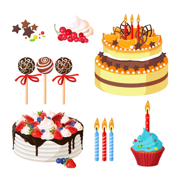 Tortas de cumpleaños y atributos cartel de colores en blanco — Archivo Imágenes Vectoriales