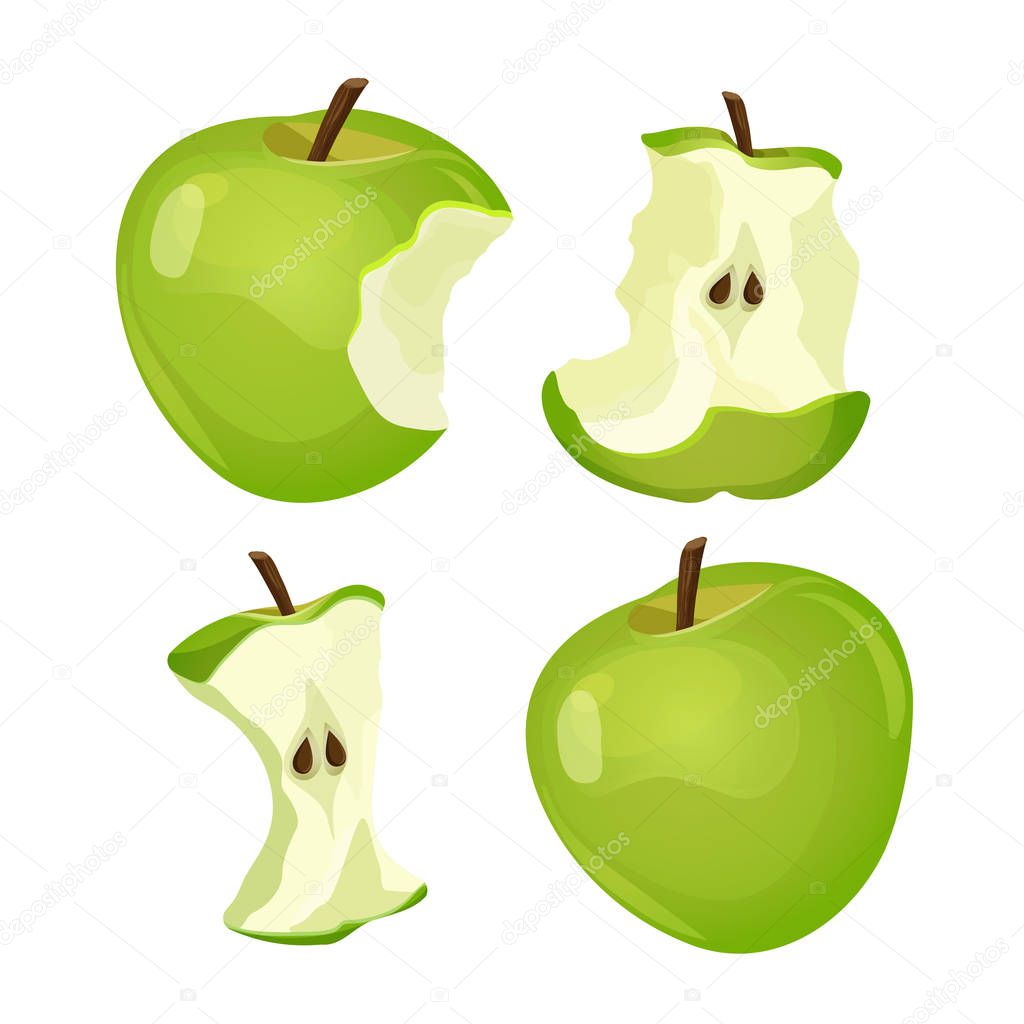 Stages of whole and bitten apple isolated on white background