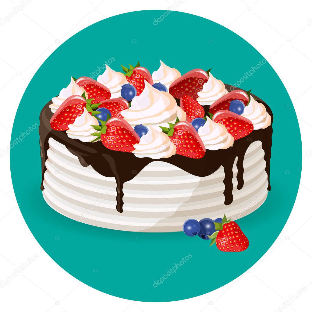 Birthday cake with fresh blueberries, strawberries, creamy flowers vector