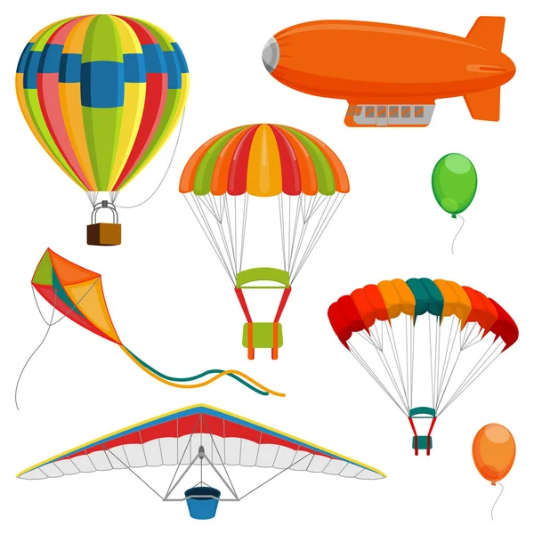 Set of blimp, paraglider and kite, air balloon and parachutes realistic vector — Stock Vector