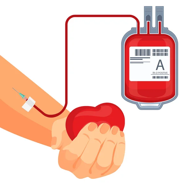 Proceso de donación de sangre mano humana y bolsa de plástico — Vector de stock