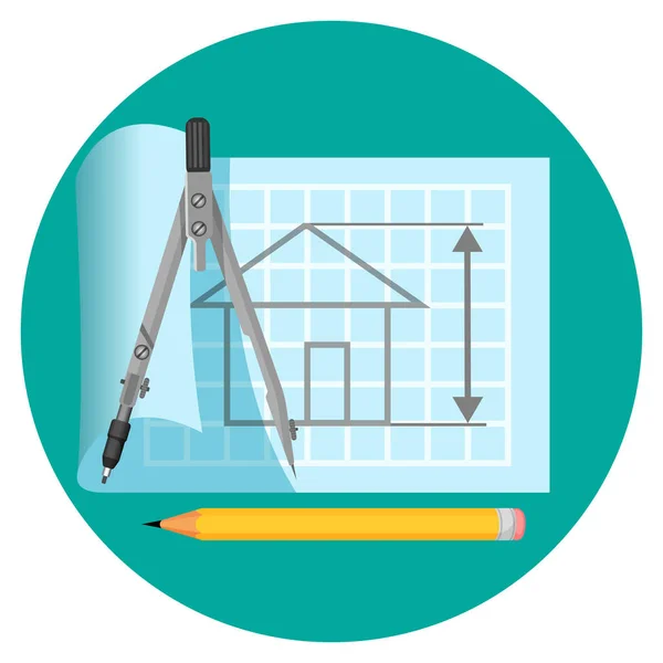 Σχεδιάγραμμα εικονίδιο με σχέδιο του σπιτιού, πυξίδες και μολύβι — Διανυσματικό Αρχείο
