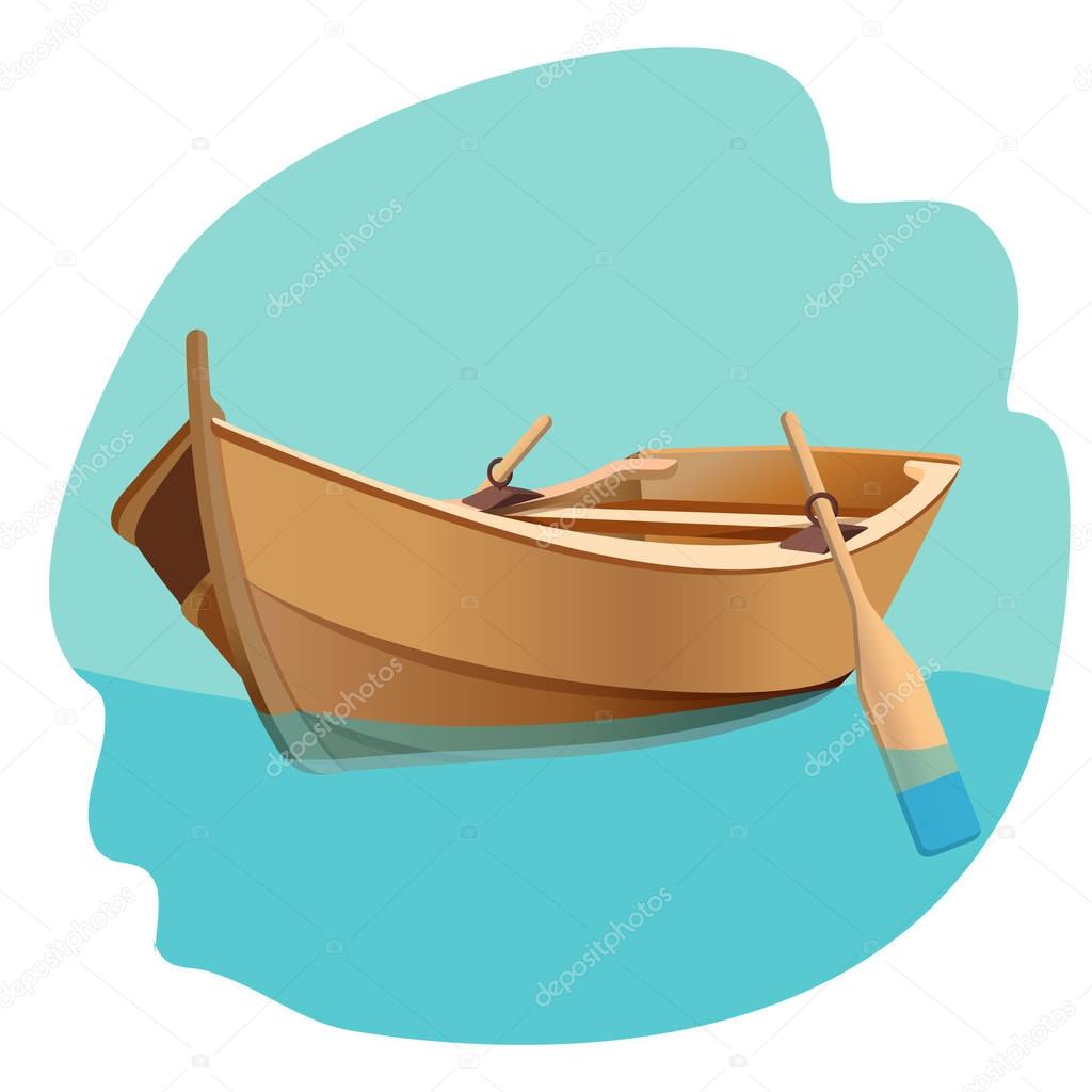 Wooden boat with oars vector illustration isolated on white.