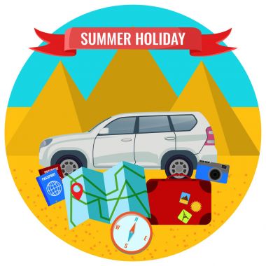 Yaz tatil poster ile seyahat araba, yol haritası, Pasaportlar