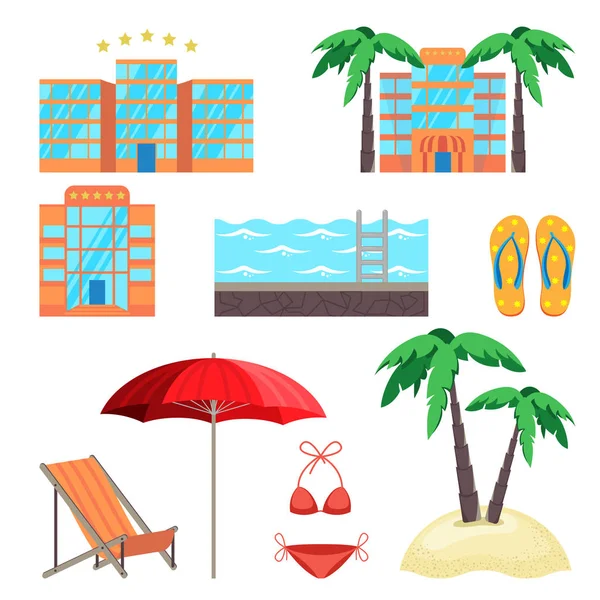 Summer holidays set with five stars hotel, swimming pool, beach — Stock Vector