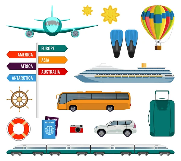 Set zomer vakantie vervoer items vectorillustratie geïsoleerd — Stockvector