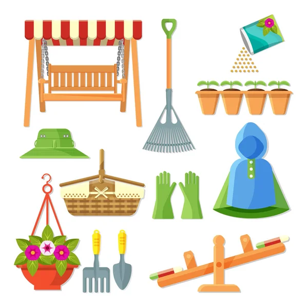 Conjunto de equipos de jardín y accesorios decorativos ilustración vectorial — Vector de stock