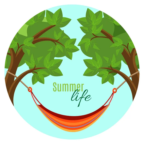 Ilustração de vetor de vida de verão com rede pendurada entre árvores verdes — Vetor de Stock