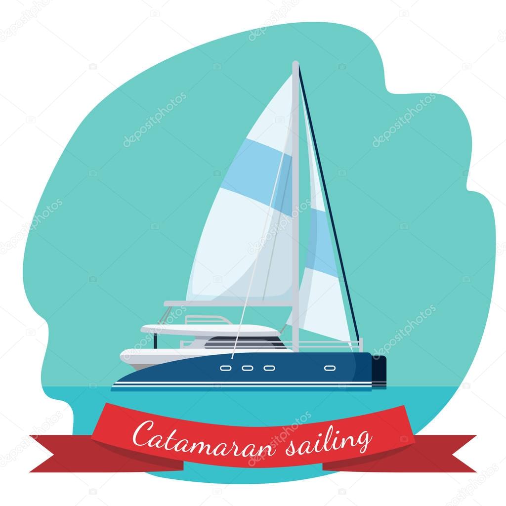 Catamaran sailing boat with canvas vector illustration isolated