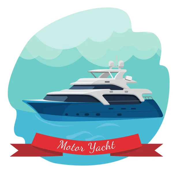 Luxury two-deck motor yacht sailing in ocean vector illustration — Stock Vector