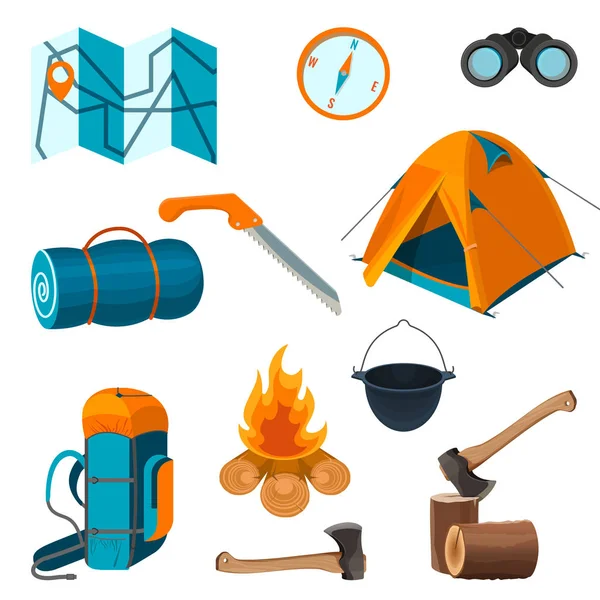 Uppsättning tillbehör för camping resten och vandringsturer isolerade — Stock vektor