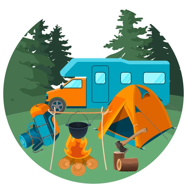Wohnwagen im Wald mit Picknickausrüstung. Zubehör für den Campingurlaub — Stockvektor