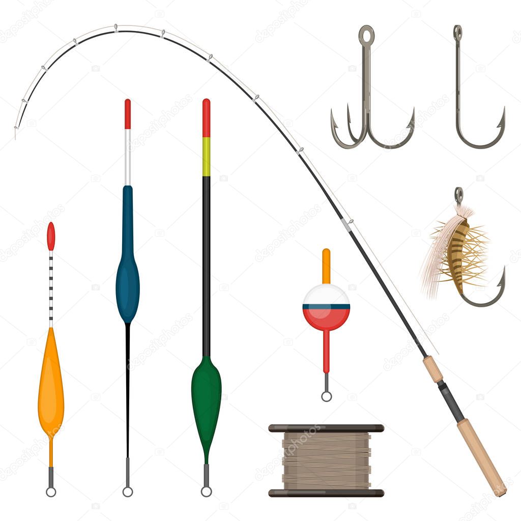Set of fishing tackles colorful icons isolated on white background. Bobbers and hooks, fish-rods and reel vector illustration