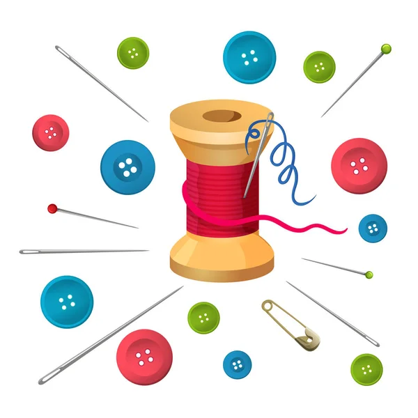 Reel with threads surrounded by pins and needles, buttons vector illustration — Stock Vector
