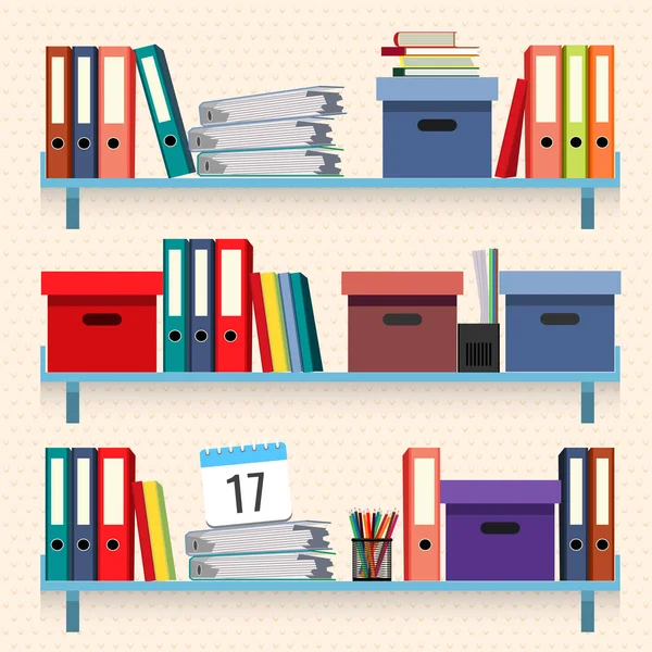 Documents and folders on shelves set vector illustration isolated — Stock Vector