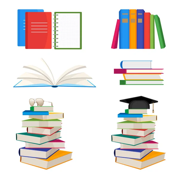 Set of book stacked with glasses or mortar board hat — Stock Vector