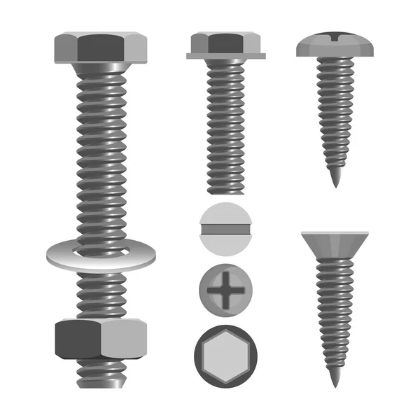 Tornillos y tuercas con diferentes tipos de cabezas de tornillo ilustración vectorial realista — Vector de stock