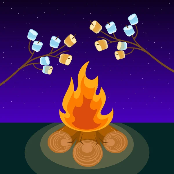 Marshmallow em espetos cozidos na fogueira à noite ilustração vetorial — Vetor de Stock