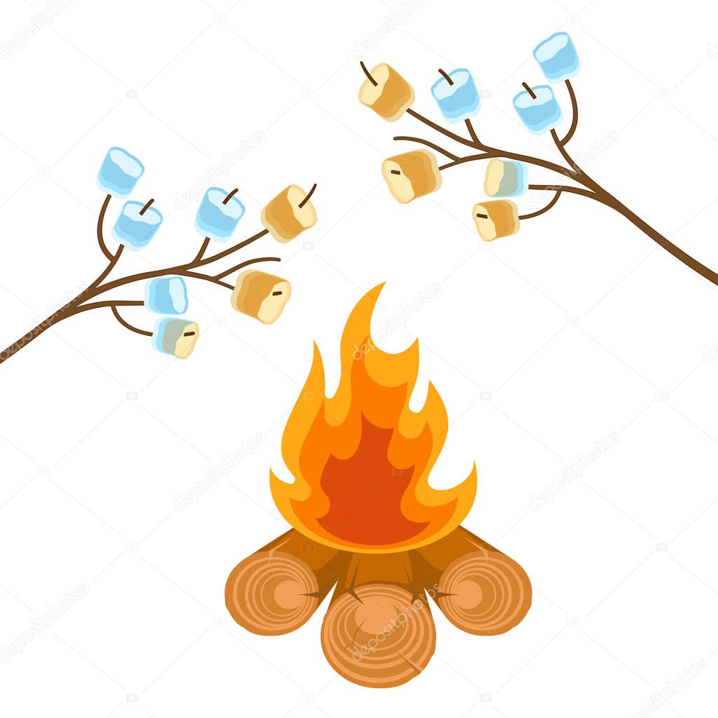 Marshmallow on tree branches cooked on bonfire vector illustration