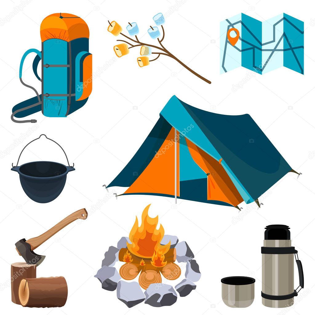 Set of camping elements isolated on white. Vector illustration