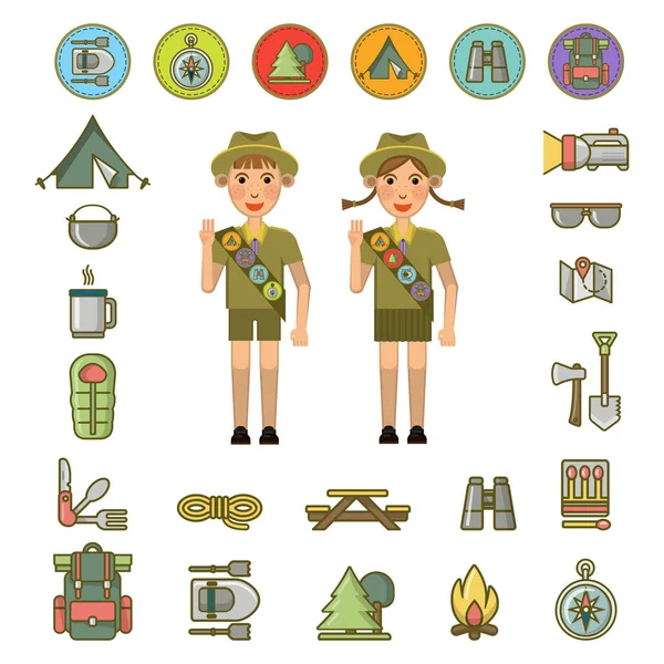 Scout garçon et fille et l'équipement signes autour — Image vectorielle