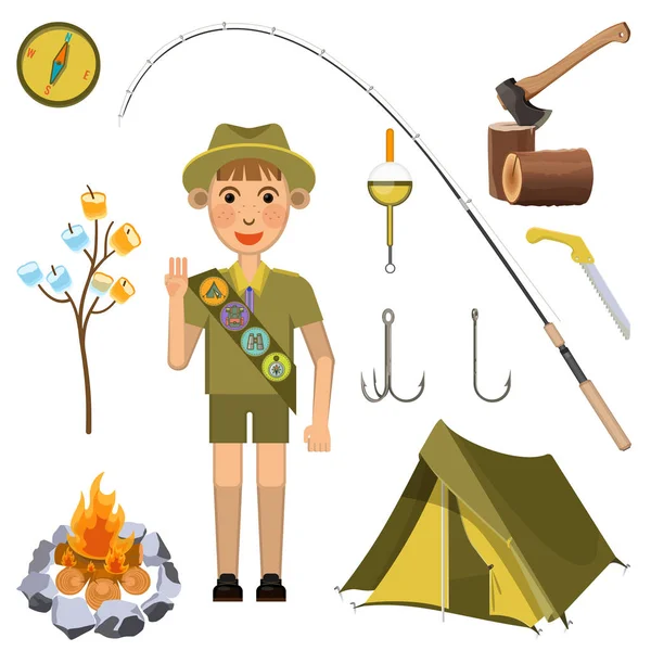 Scout pojke med hand hedra tecken nära camp utrustning set — Stock vektor