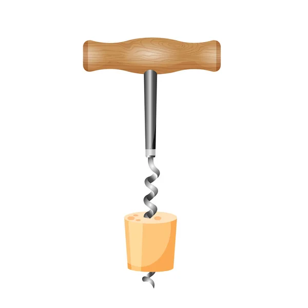 Corkscrew met hout kurk vectorillustratie geïsoleerd op wit — Stockvector